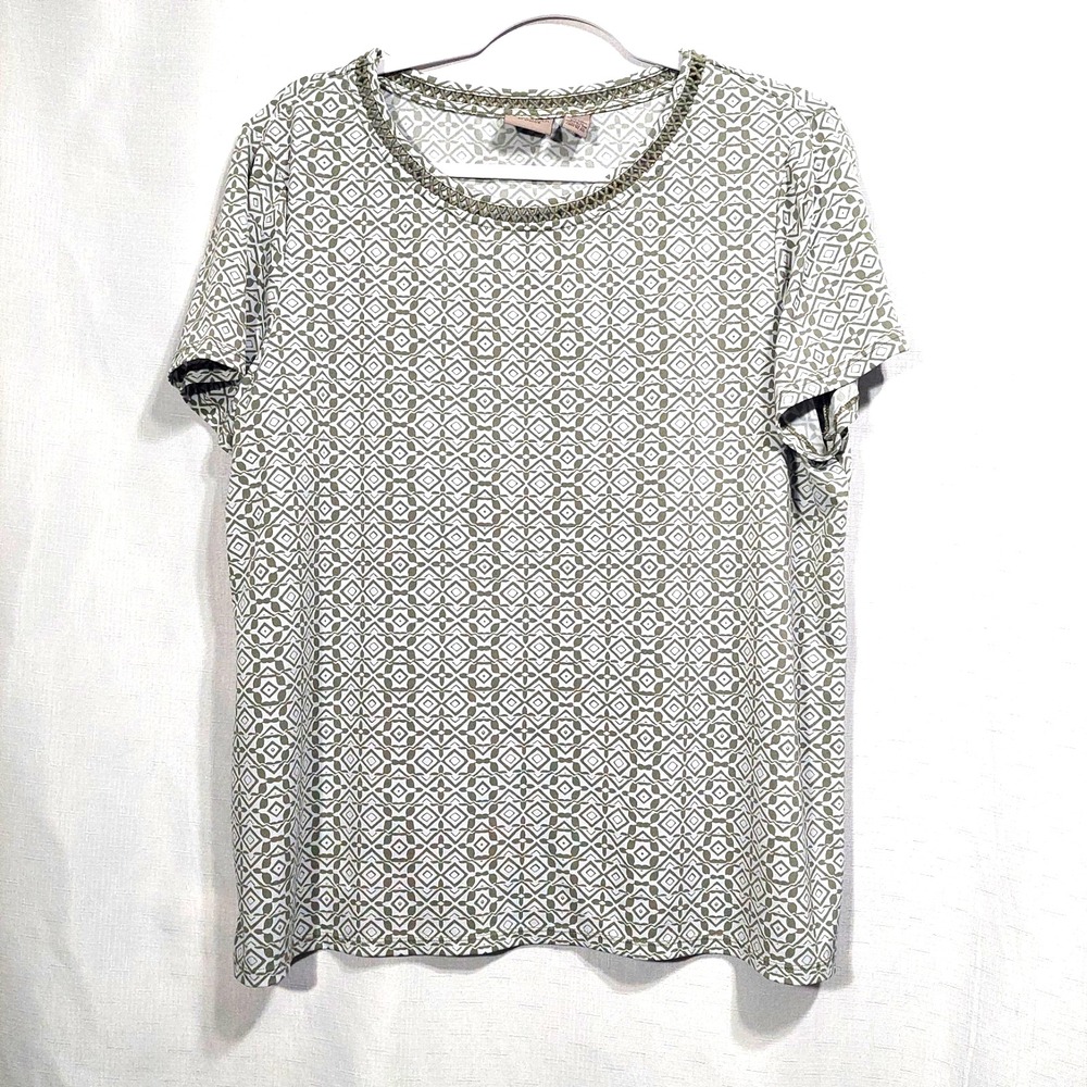 Easywear By Chico's Womens Blouse Size 2(12) Short Sleeve Neck Trim Geo Pattern